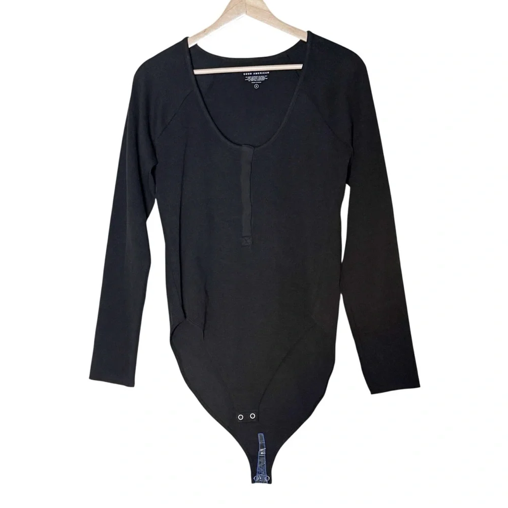 Good American The Feel Good Ribbed Henley Bodysuit Black Size 2XL NEW Sexy
